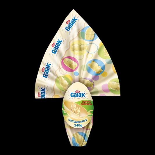 GALAK Uovo di Pasqua 2026 Cioccolato Bianco con Sorpresa e 2 Cioccolatini 240g